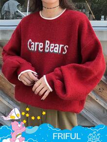 SHEIN X Care Bears FRIFUL 女式宽松字母图案落肩毛衣 - 紅色 - 查看 1