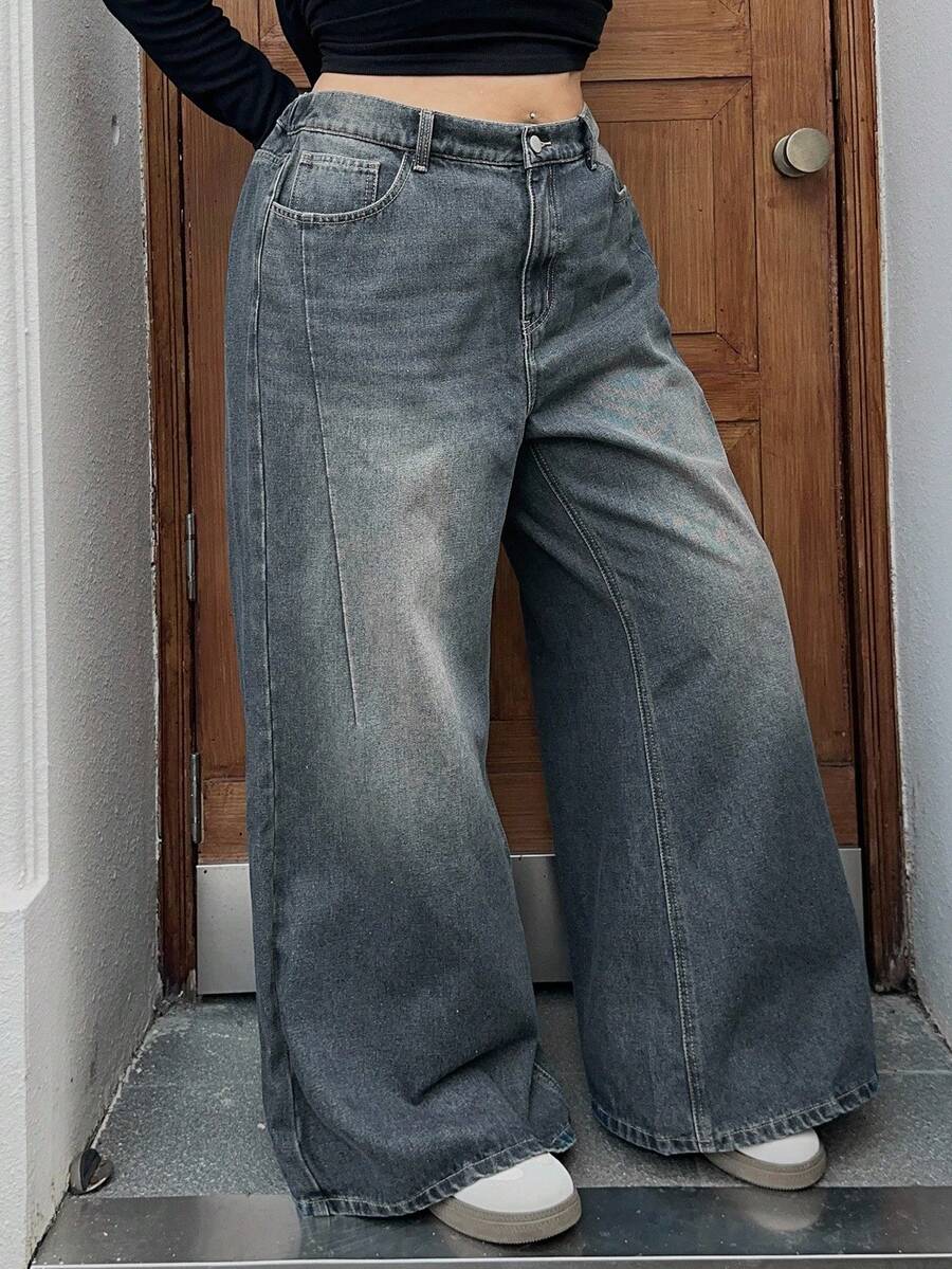 Dazy Plus Washed Loose Straight Leg Long Denim Jeans, Plus Size Women, All Season, Autumn