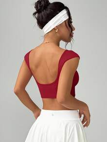 SHEIN Sovereign Charm Áo thể thao Yoga tay ngắn/Cổ tròn/Nhún phía trước/Thời trang/Chạy bộ thể dục/Yoga - Màu Đỏ Sâu - Xem 2