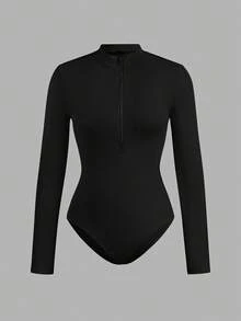 SHEIN EZwear 2pcs Women Black & Navy Blue Zip-Up High Neck Tight Fit Bodysuit Set, Casual Long Sleeve, Suitable For Autumn/Winter,Fall,Black Bodysuit - Multicolor - View 10