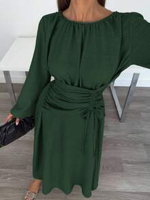 Siren Gaze Siren Gaze Women's Brown Round Neck Bell Sleeve Waist Tie Elegant Dress, Back To School Outfit, Country Concert Outfit, Business Casual Women's Outfit, Women's Teacher Outfit, Women's Date Night Outfit, Birthday Outfit, Women's Brunch Outfit, Western Outfit, Business Casual Women's Outfit Siren Gaze New Women's Fashion Striped Ruched Waist Dress Brown Dress Winter Party Chic