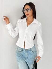 SHEIN EZwear Plus Size White Fitted Casual Shirt, Minimalist & Fashionable For Daily Wear - White - View 3