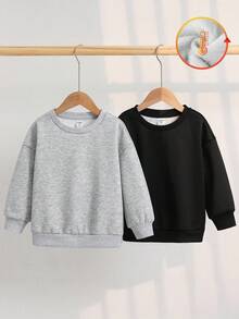 2 件 BASICS 年轻女孩休闲百搭舒适蓬松内衬圆领宽松长袖套头衫，2 种款式，每种 1 件，适合通勤、上学、日常休闲、旅行、运动、秋冬 - 彩色 - 查看 2