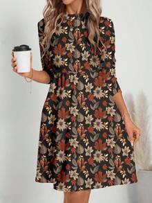 EMERY ROSE Casual Elegant Autumn Tone Red-Brown Fallen Leaves Full Print Pattern Women's Dress, Suitable For Autumn/Winter - Multicolor - View 5