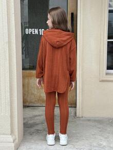 SHEIN 青少年女孩罗纹圆领长袖 T 恤套装，搭配紧身裤、连帽衫、长袖修身运动裤、休闲条纹连帽上衣和下装套装，适合冬季秋季服装 - 珊瑚橙 - 查看 2