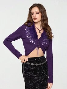 ROMWE Hippie Cárdigan de punto bordado con sol y luna, estilo vintage de bruja de noche misteriosa, con parches de piel de lujo para mujer - Morado - Ver 6