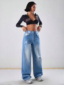 EURMUSE HIGH WAIST CASUAL DENIM STYLE STRAIGHT - Medium Wash - View 3
