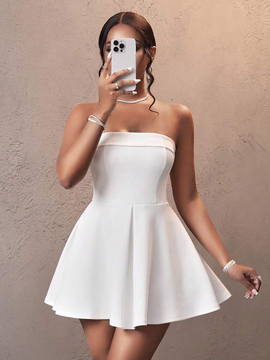 Slaydiva 全新优雅日期抹胸袖口设计摆伞裙白色针织迷你裙女式迷你连衣裙-D