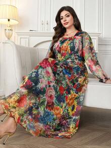 Reflora Đầm dự tiệc dài tay đèn lồng cổ vuông cổ điển lãng mạn cỡ lớn sang trọng in hoa - Nhiều màu - Xem 5