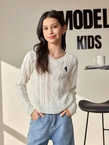 SHEIN 青少年女孩休闲日常通勤纯色刺绣 V 领粗针织套头衫，秋冬 - 白色 - 查看 1