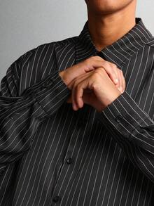 SUMWON Oversized Business Casual Pinstripe Long Sleeve Button Down Shirt Classic Professional Office Wear Regular Length Menswear Plain - Black - View 4