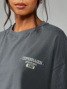 MISSGUIDED 复古哥本哈根运动部超大 T 恤 1992 年标志图案印花大学风格都市时尚休闲街头服饰学院风 T 恤 - 藏蓝色 - 查看 5