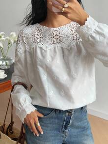 SHEIN Frenchy Women's Contrast Lace Round Neck Long Sleeve Blouse, Autumn,  Lace White Top,Hollow Embroidery Shirt,French Court Embroidery Patchwork Lace Shirt,Elegant French Office Shirt, White Western Top,Women's New 2025 Small Design Sense, Single Versatile Temperament, French Elegant, Delicate, French Style Dressing,Old Money,Simple, Office, Commuting, Elegant, Suitable For Daily Wear, Fall Clothes For Women,Autumn Outfits For Women, Clothes For New Year