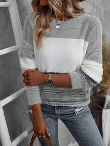 EMERY ROSE Women's Casual Contrast Color Drop Shoulder Round Neck Long Sleeve Sweater, Autumn/Winter - Grey - View 6