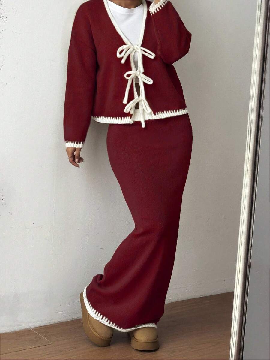 Flirla 2pcs Ombre Bowknot Strap Casual Basic Knit Set, Autumn/Winter - Red - View 1