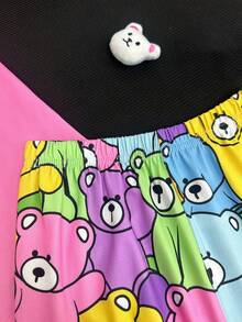 2 件套卡通彩色熊印花圆领长袖和长裤睡衣套装，适合年轻女孩