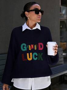 EURMUSE Women's Casual Embroidered Knit Crew Neck Long Sleeve Pullover - Navy Blue - View 5