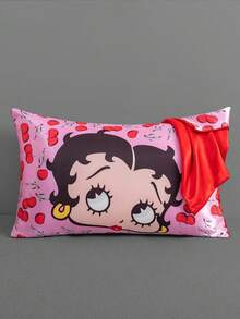 Betty Boop x SHEIN 2 Pcs Cartoon Figure Graphic Pillowcase Set, Taffeta Fabric, Comfortable & Cool, Cherry Blossom Print Pink Pillow Cover, Smooth & Non-Wrinkle, Gentle On Hair & Skin, Cherry Pattern,Gift Ideas,Party,Holiday,Valentine's Day - Pink - View 2