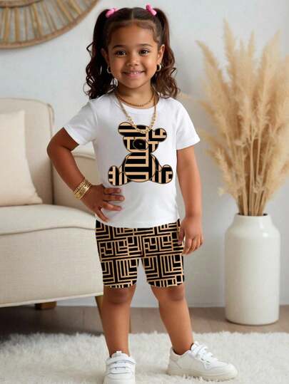 Baby flickor Casual Fashion Creative Gul Svartrandig björn Grafiskt tryck kortärmad T-shirt och cykelshortsset