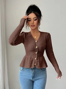 Elenzga Women's Elegant Ruffled V-Neck Waist Fitted Knit Cardigan Sweater, Suitable For Holiday & Vacation, Autumn/Winter - Coffee Brown - View 3