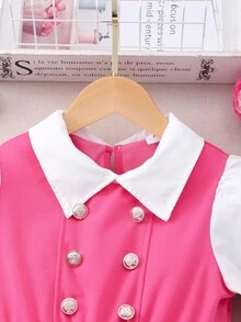 少女海军蓝和白色撞色双排扣泡泡袖甜美时尚腰部收紧休闲通勤二合一连衣裙 - 玫紅色 - 查看 4