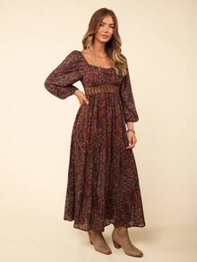 Coeurva Paisley Print Sweetheart Neck Lantern Sleeve Ruffle Hem Dress - Brown - View 4