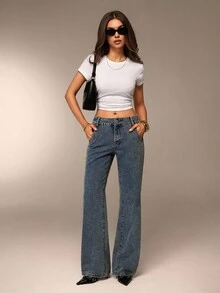 Avantive 女装夏季新款低腰直筒金属纽扣宽松深蓝色水洗牛仔裤 - 淺色水洗藍 - 查看 5