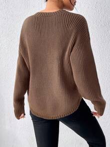 EMERY ROSE Women's Casual Solid Color Ribbed Crew Neck Sweater Fall Winter Cloth For Women - Brown - View 2