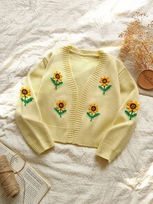Vintaside Kids Girls' Cute Sunflower Shawl Cardigan Fall Winter - Yellow - View 4