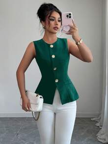 Selianne Fashionable Sleeveless Waist Cinched Black Jacket With Gold Button Decor, Versatile For Daily Wear, Spring/Summer - Dark Green - View 4