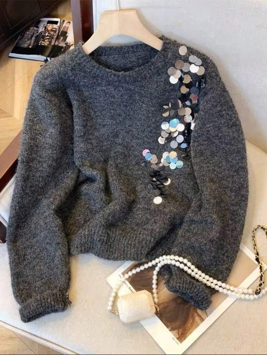 Franclia Nuevo suéter de otoño/invierno con bordado de cuentas, diseño elegante y de moda para mujeres - Gris - Ver 1