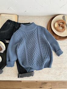 SHEIN 男童高领纹理提花复古麻花针织高领毛衣，百搭学院风，拉绒厚实面料，适合冬季 - 霧霾藍 - 查看 6