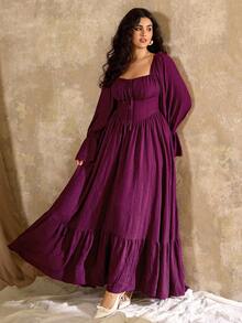 Roveilla 大码优雅复古系带袖口喇叭袖方领收腰 A 字连衣裙，秋冬 - 紫色 - 查看 7