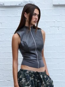 COUREZ Faux Leather Zip Up Vest /Y2K  Women Clothes  Clothes Cute Tops Going Out Top Spring Jacket Elegant - Black - View 5