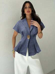 Firerie Camisa de mujer de lino con pliegues en la cintura, manga corta, con botón de metal, azul marino, para uso casual u oficina - Azul y blanco - Ver 7