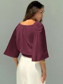 Aloruh Áo thun chui đầu màu trơn cổ chữ V trễ vai tối giản mới, nhún eo, đa năng khi đi làm, áo đỏ - Màu Đỏ Sâu - Xem 3