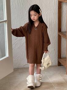 DAZY Vestido de suéter de cuello alto para niña, otoño e invierno - Caqui - Ver 5