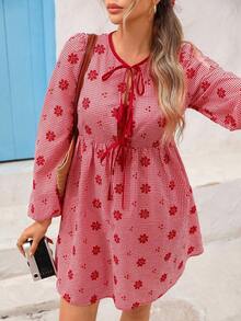 Vivid Eden Women's Casual Plaid Floral Embroidery Mini Dress For Vacation