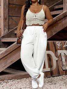 EMERY ROSE Quần dài thường ngày buộc túi màu trơn cỡ lớn cho nữ - trắng - Xem 1