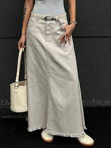 Strévra 女士宽松休闲牛仔半身裙，毛边下摆，秋季款