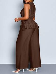 SOLERSUN Plus Size Solid Color Sleeveless Top And Wide Leg Pants 2 Pieces Set - Coffee Brown - View 2