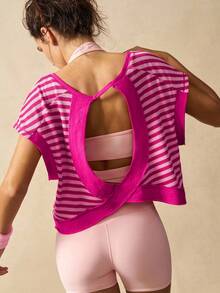 VARSIVA Women Striped Fashion Sports T-Shirt & Tank Top, Gym Top Suitable For Summer Pink Gym Top Open Back Activewear Top Workout Top Open Back Open Back Workout Top Open Back Athletic Top - Multicolor - View 7