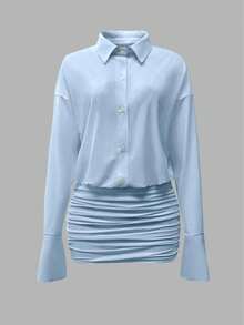 Cévolie 2025 女式时尚纯色褶饰迷你连衣裙