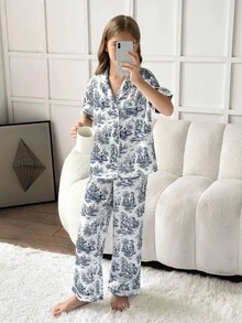 SHEIN 女童印花领短袖睡衣套装 - 寶藍色 - 查看 4