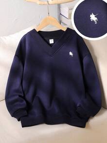SHEIN Tween Girl Casual Elegant School V-Neck Oversized Loose Fleece Thick Long Sleeve Refined Horse Riding Print Solid Color Sweatshirt, Navy Blue,In Fall/Winter - Navy Blue - View 1