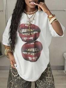 Coolane 女士夏季演唱会街头服饰复古休闲 Y2K 嬉皮老钱舒适唇形图案超大白色 T 恤 - 白色 - 查看 4