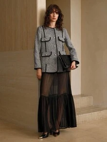 Arave Women's Woven Tweed Fabric Small Round Neck Straight Shoulders Long Sleeves Short Straight Cut Tassel Lace Decoration Design Black Edge Contrast Design Daily Casual Regular Jacket Fall Clothes For Women