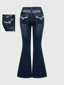 ROMWE Goth Women's Fashion Rhinestone Wing Embroidery Washed Flared Low Waist Jeans