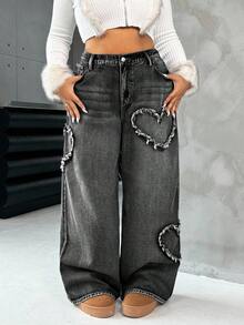 SHEIN PETITE CURVE 大码女式心形磨边复古蓝色宽松牛仔裤 - 黑色 - 查看 8