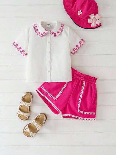 Joliand Joliand 2pcs Young Girl Urban Elegant & Floral Embroidered Collar Shirt And Pink Shorts Set, Suitable For Gatherings, Outings, Everyday, Parties, Summer Preschool Girls Clothes Summer Outfits For Kids Girls Clothes For Girls For Summer Summer Outfits For Girls Kids Kids Clothes Girls Cute Uniform Style ColorfulJoy